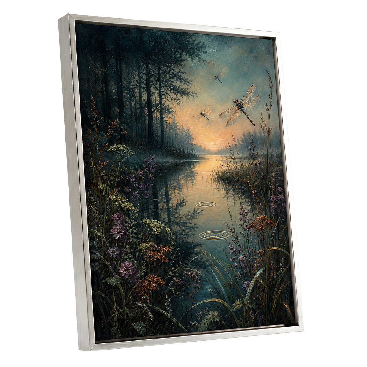 Dragonfly Dusk, blue, green, black nature wall art shown as a silver framed canvas wall art