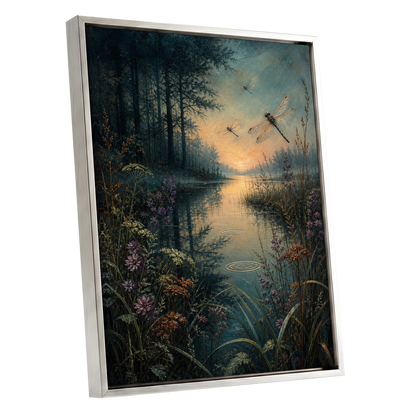 Dragonfly Dusk, blue, green, black nature wall art shown as a silver framed canvas wall art
