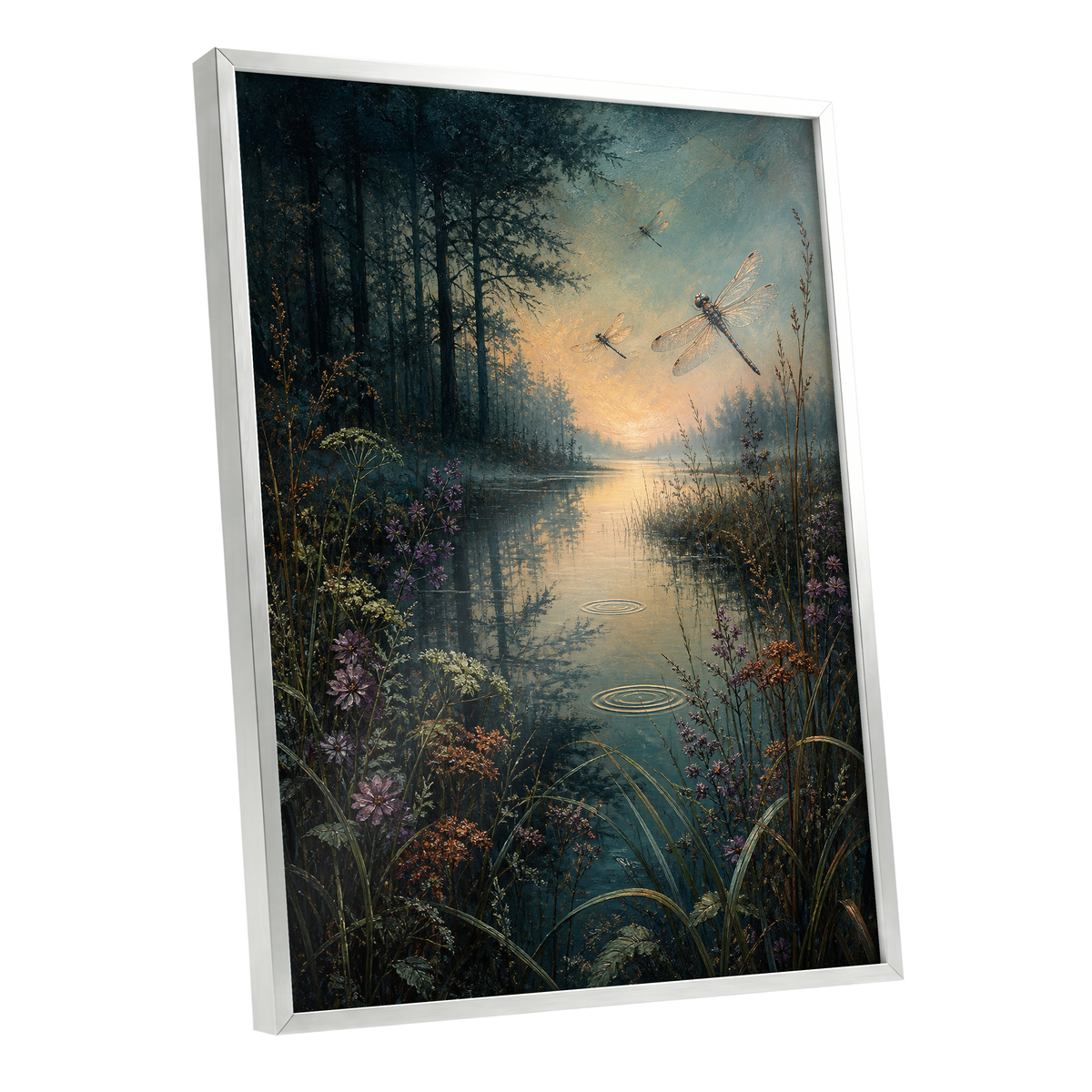 Dragonfly Dusk, blue, green, black nature wall art shown as a silver framed poster wall art print