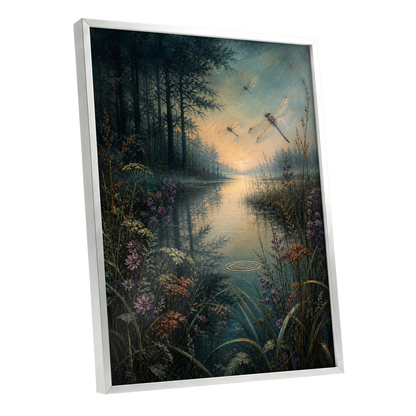 Dragonfly Dusk, blue, green, black nature wall art shown as a silver framed poster wall art print
