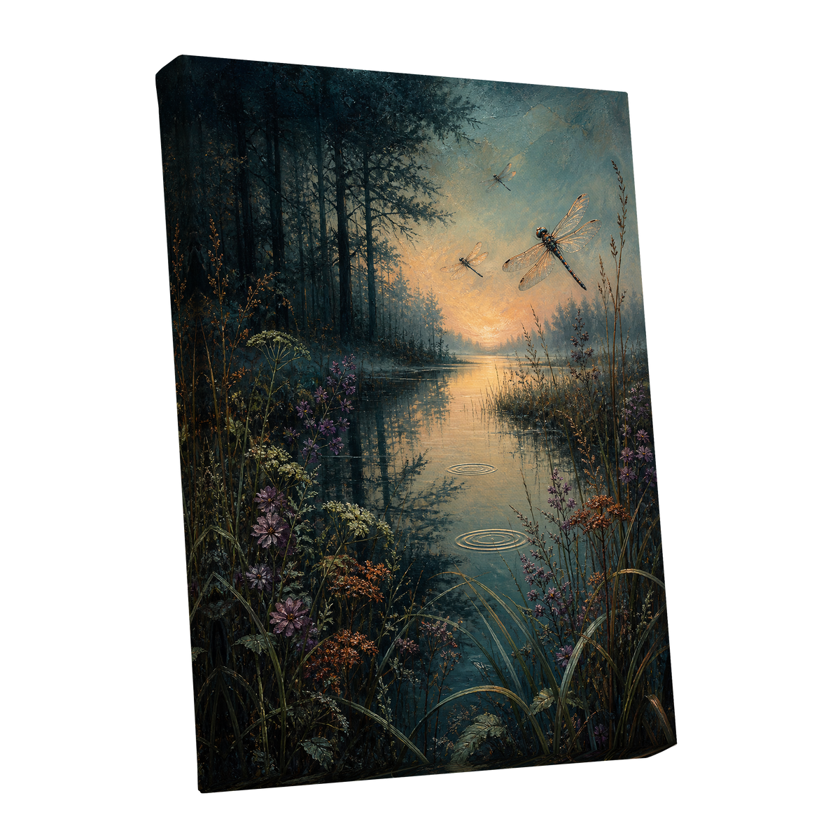 Dragonfly Dusk, blue, green, black nature wall art shown as a stretched canvas wall art