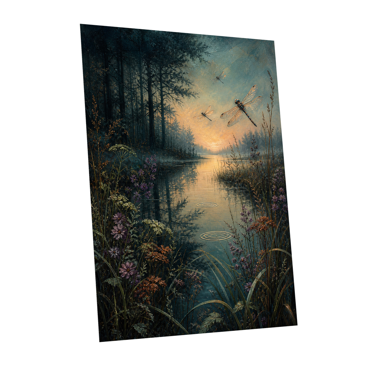 Dragonfly Dusk, blue, green, black nature wall art shown as a unframed poster wall art print