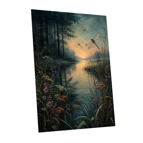 Dragonfly Dusk, blue, green, black nature wall art shown as a unframed poster wall art print