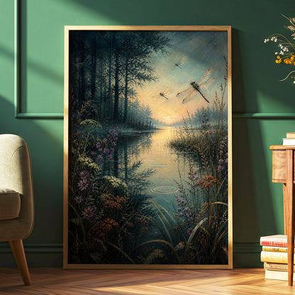Dragonfly Dusk, blue, green, black nature wall art displayed in a styled interior, gallery view 2