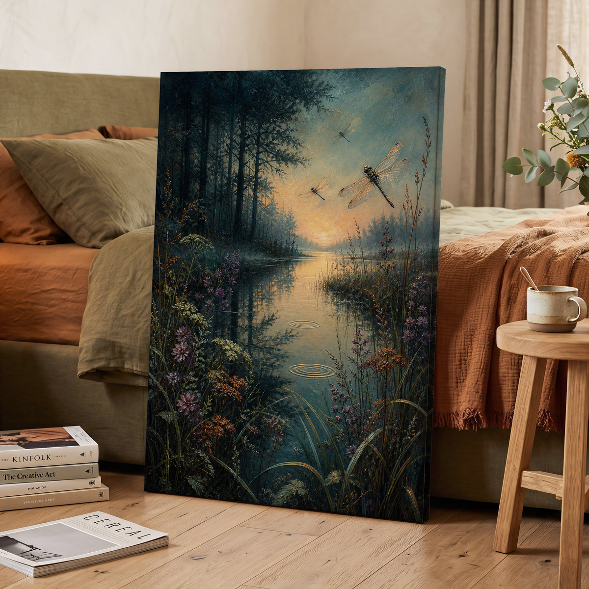 Dragonfly Dusk, blue, green, black nature wall art displayed in a styled interior, gallery view 3