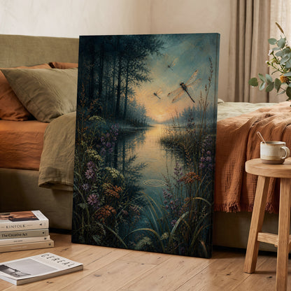 Dragonfly Dusk, blue, green, black nature wall art displayed in a styled interior, gallery view 3