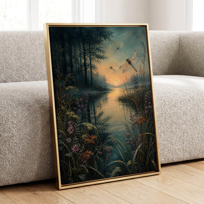 Dragonfly Dusk, blue, green, black nature wall art displayed in a styled interior, gallery view 4