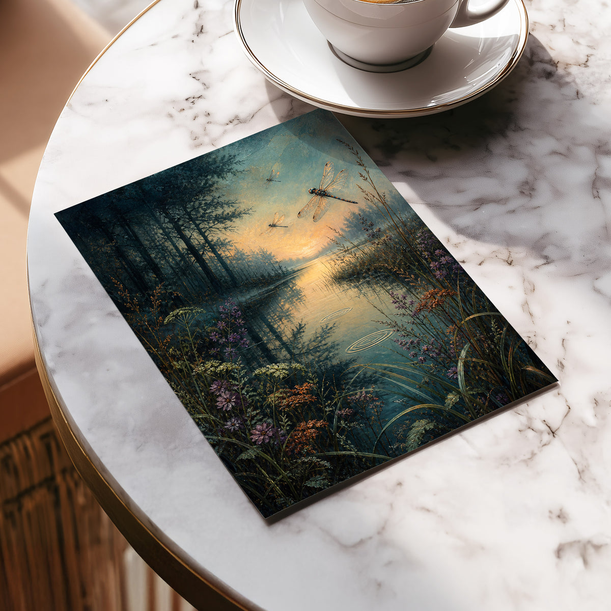 Dragonfly Dusk, blue, green, black nature wall art displayed in a styled interior, gallery view 5