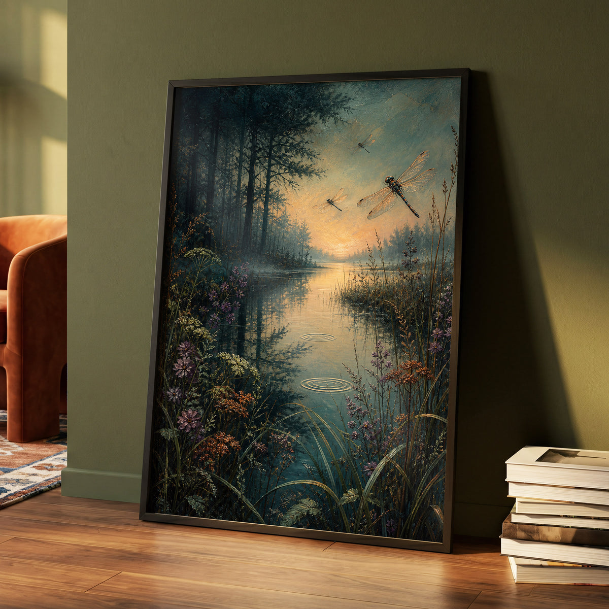 Dragonfly Dusk, blue, green, black nature wall art displayed in a styled interior, gallery view 6