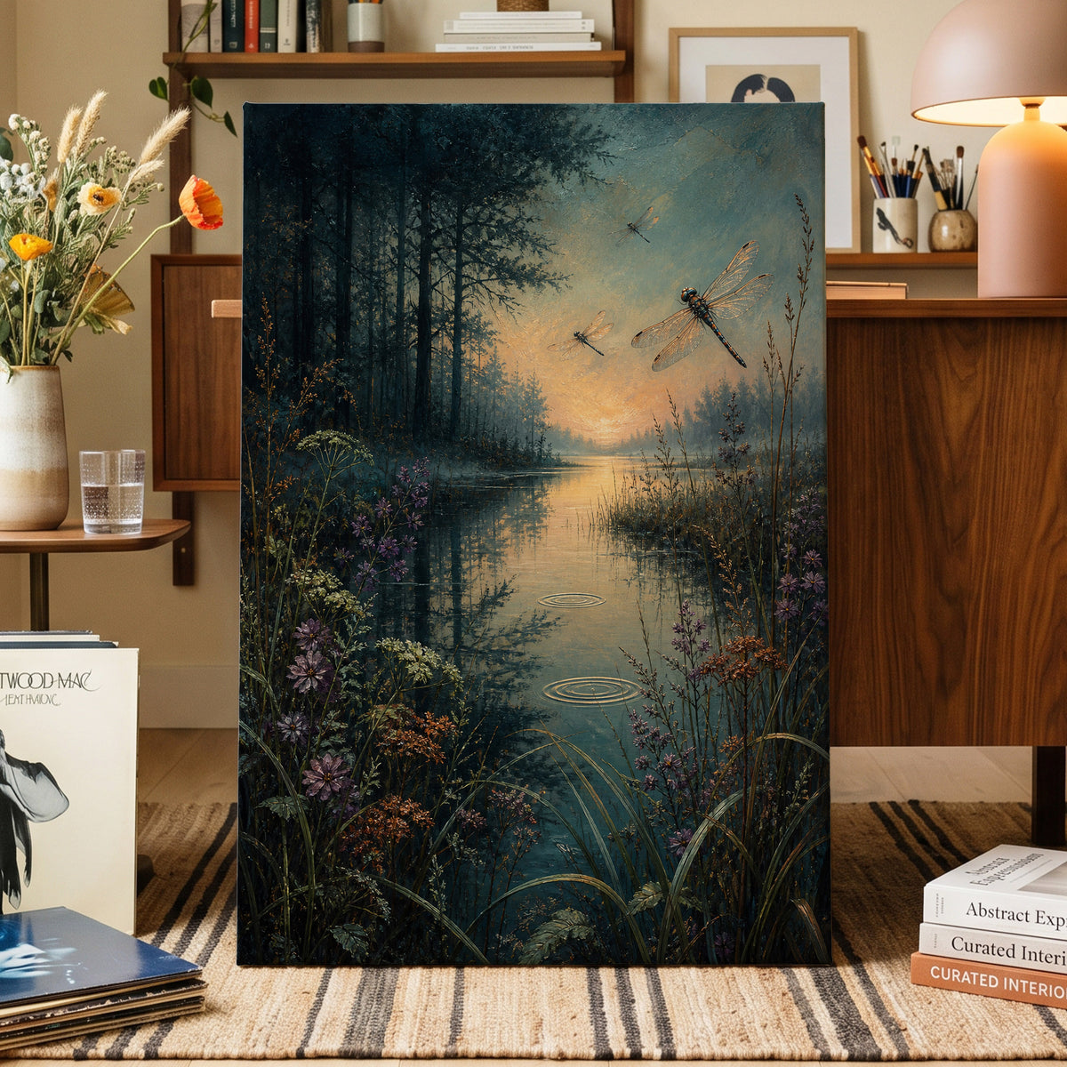 Dragonfly Dusk, blue, green, black nature wall art displayed in a styled interior, gallery view 7