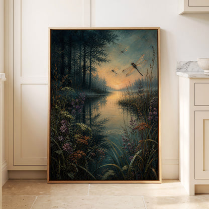 Dragonfly Dusk, blue, green, black nature wall art displayed in a styled interior, gallery view 8