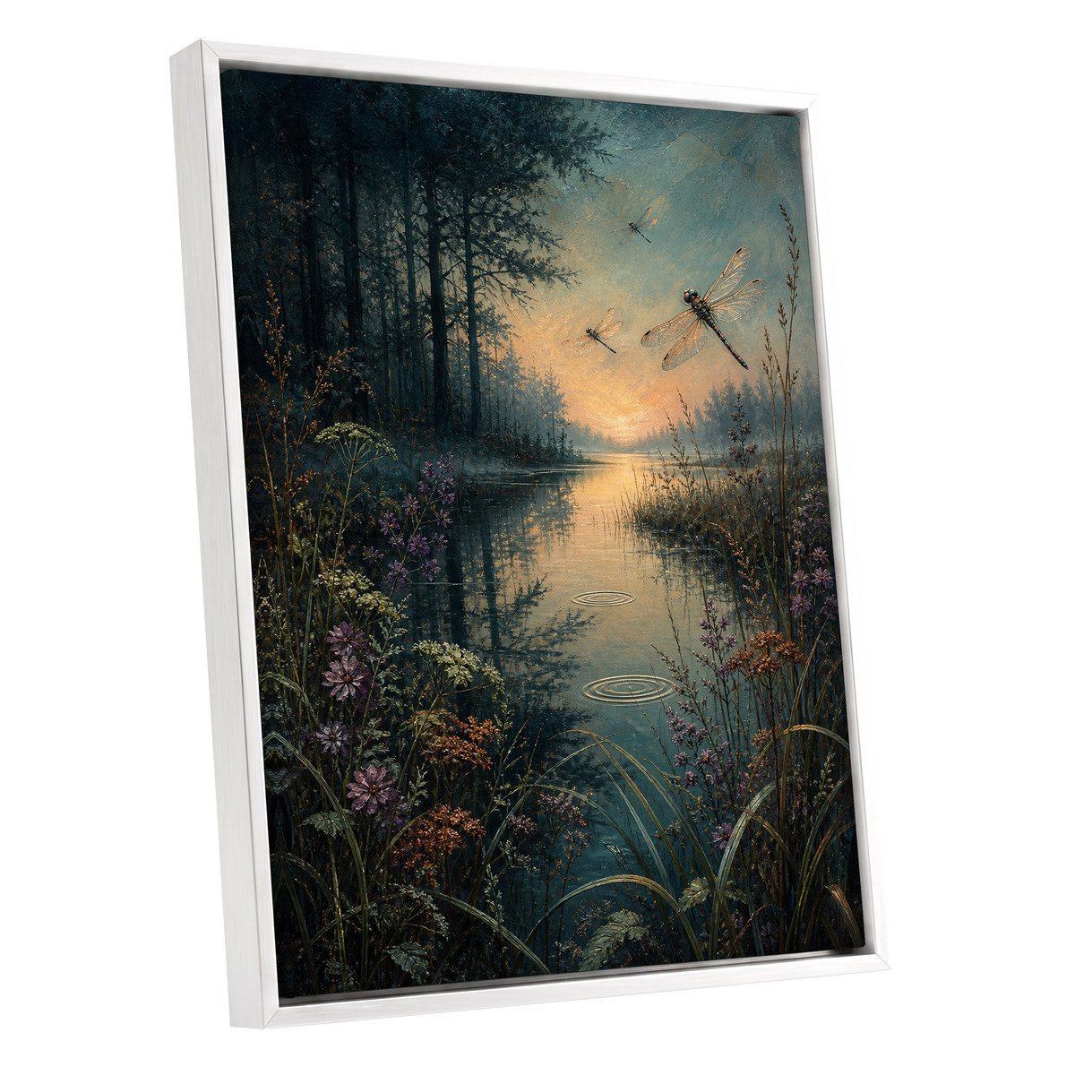 Dragonfly Dusk, blue, green, black nature wall art shown as a white framed canvas wall art