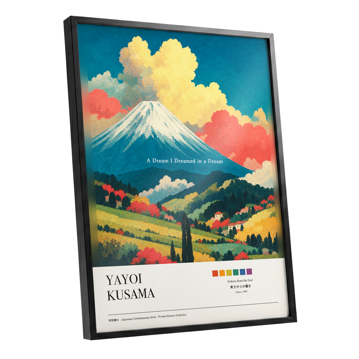 Dreams Beneath Fuji, blue, yellow, red nature wall art shown as a black framed poster wall art print