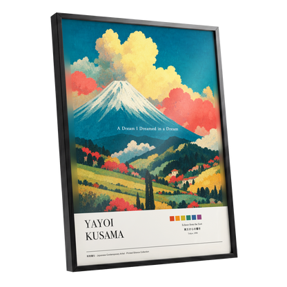 Dreams Beneath Fuji, blue, yellow, red nature wall art shown as a black framed poster wall art print