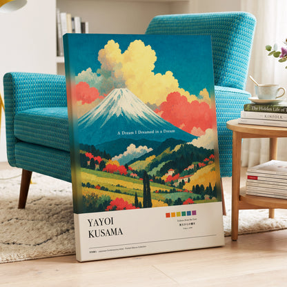 Dreams Beneath Fuji, blue, yellow, red nature wall art on canvas displayed in a styled interior, gallery view 2