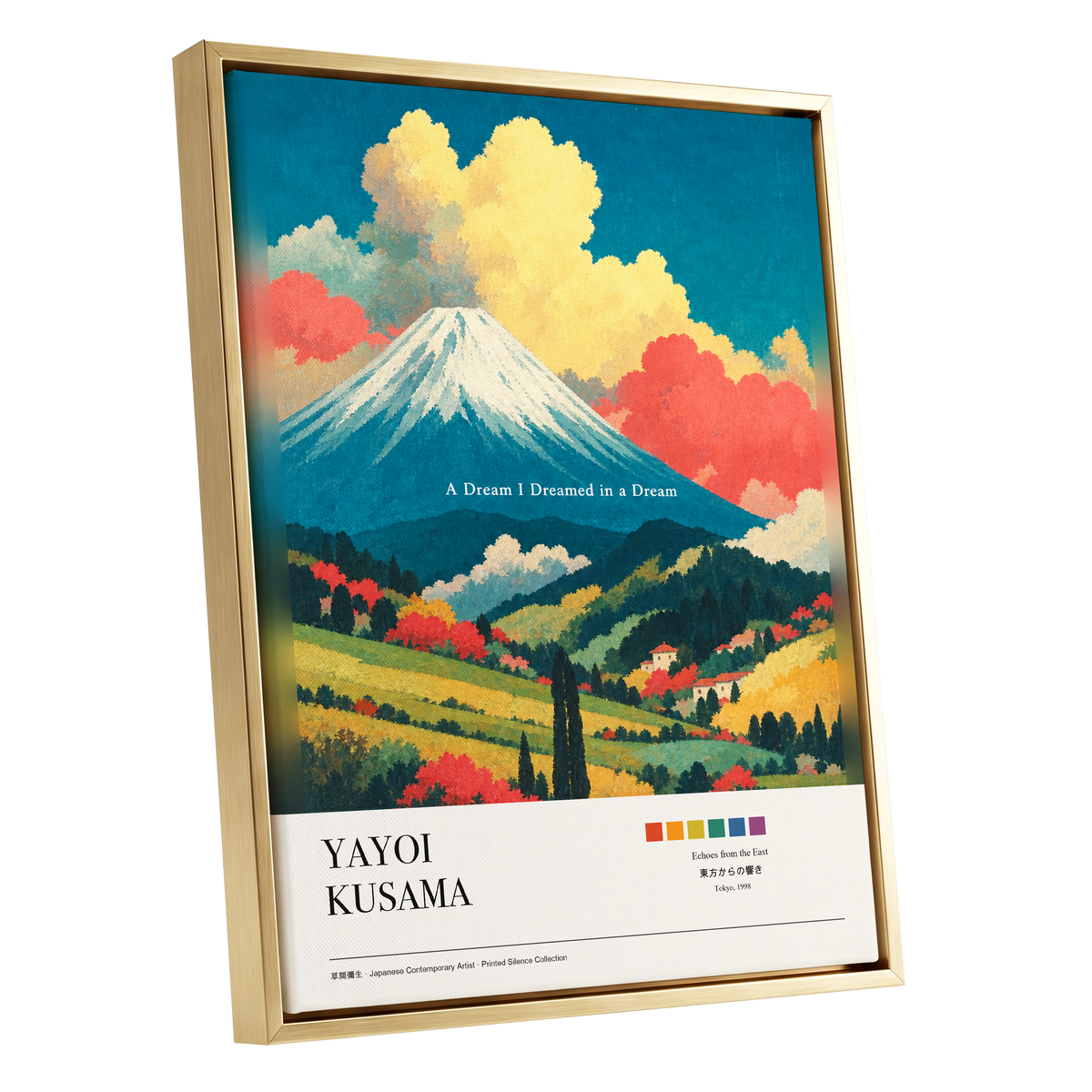 Dreams Beneath Fuji, blue, yellow, red nature wall art shown as a gold framed canvas wall art
