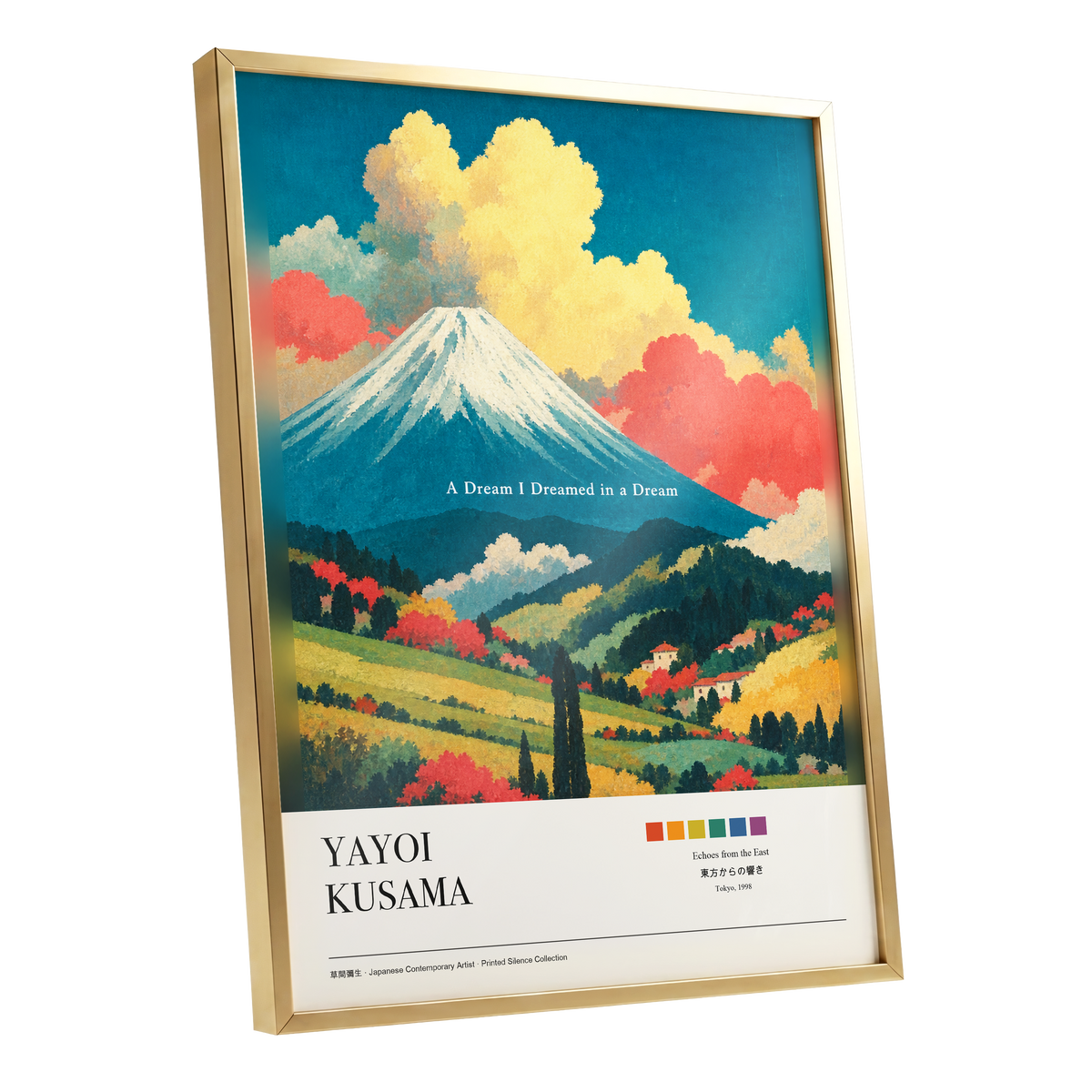 Dreams Beneath Fuji, blue, yellow, red nature wall art shown as a gold framed poster wall art print