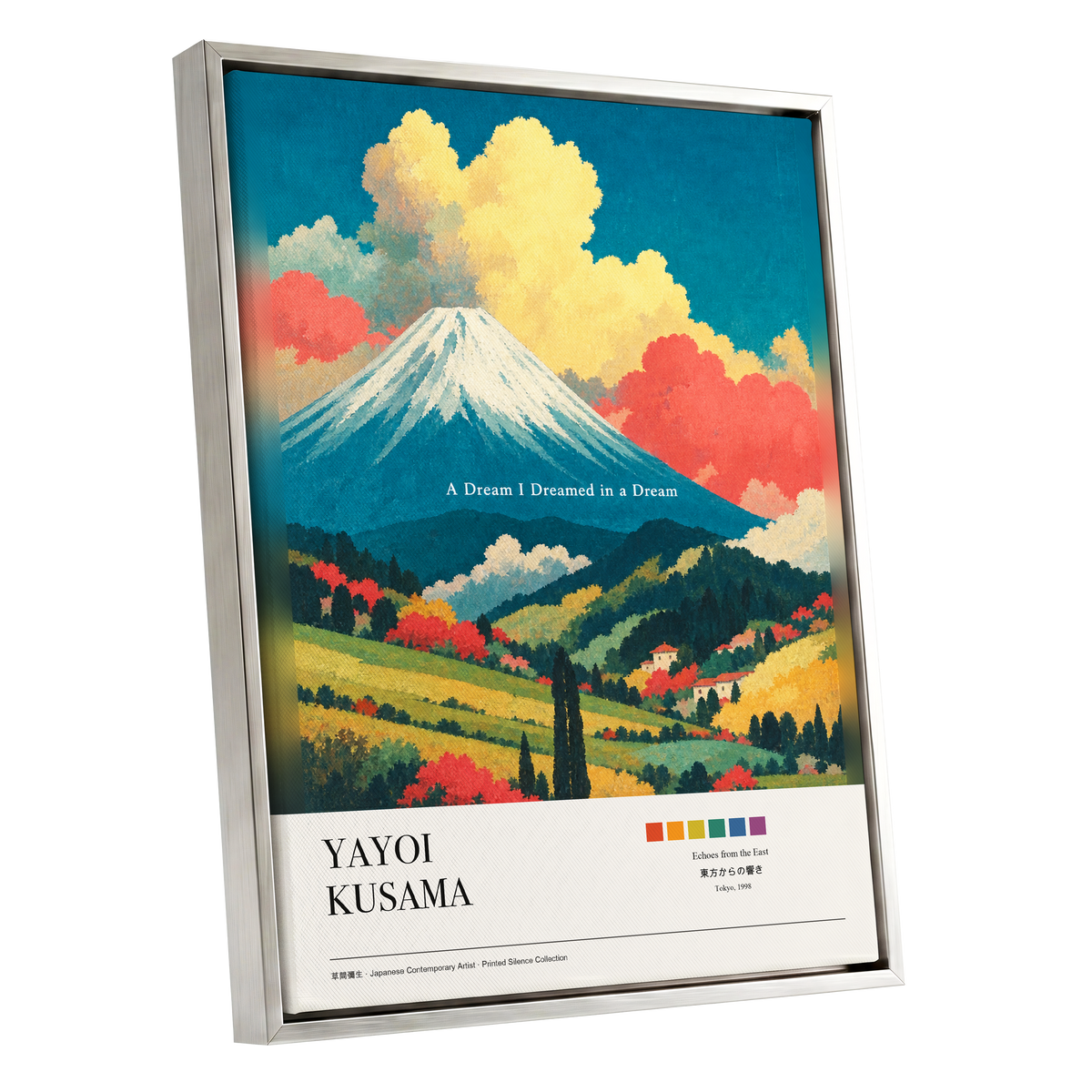 Dreams Beneath Fuji, blue, yellow, red nature wall art shown as a silver framed canvas wall art