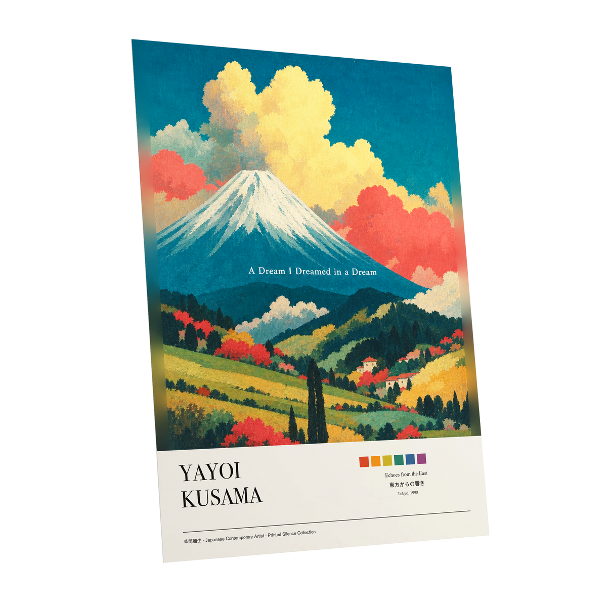 Dreams Beneath Fuji, blue, yellow, red nature wall art shown as a unframed poster wall art print