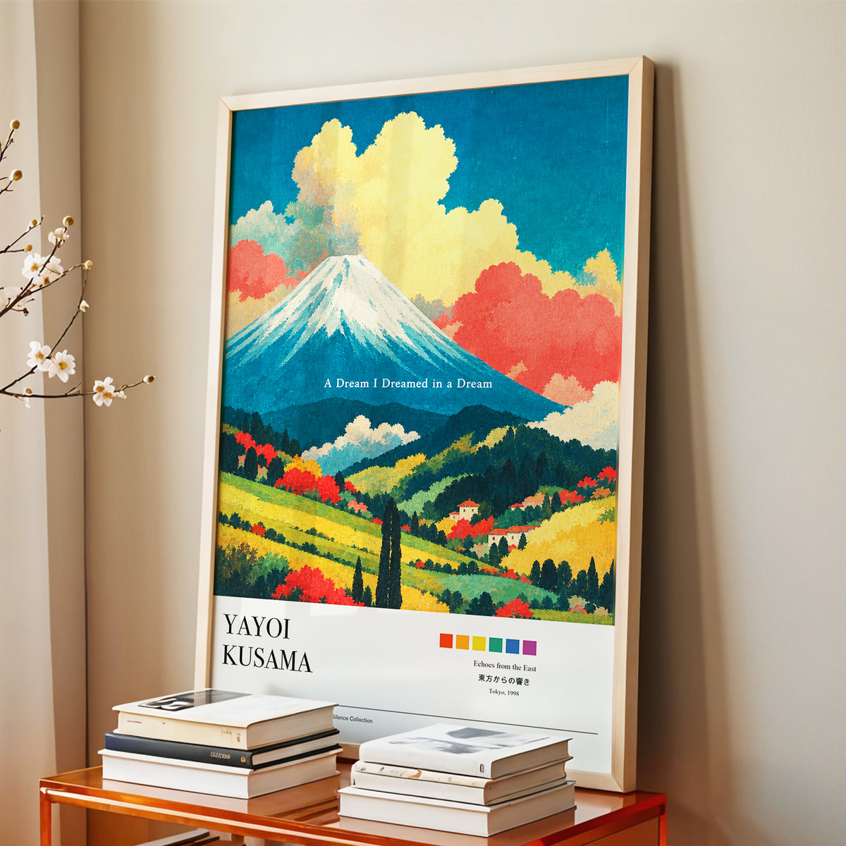 Dreams Beneath Fuji, blue, yellow, red nature wall art displayed in a styled interior, gallery view 3