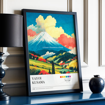 Dreams Beneath Fuji, blue, yellow, red nature wall art displayed in a styled interior, gallery view 4