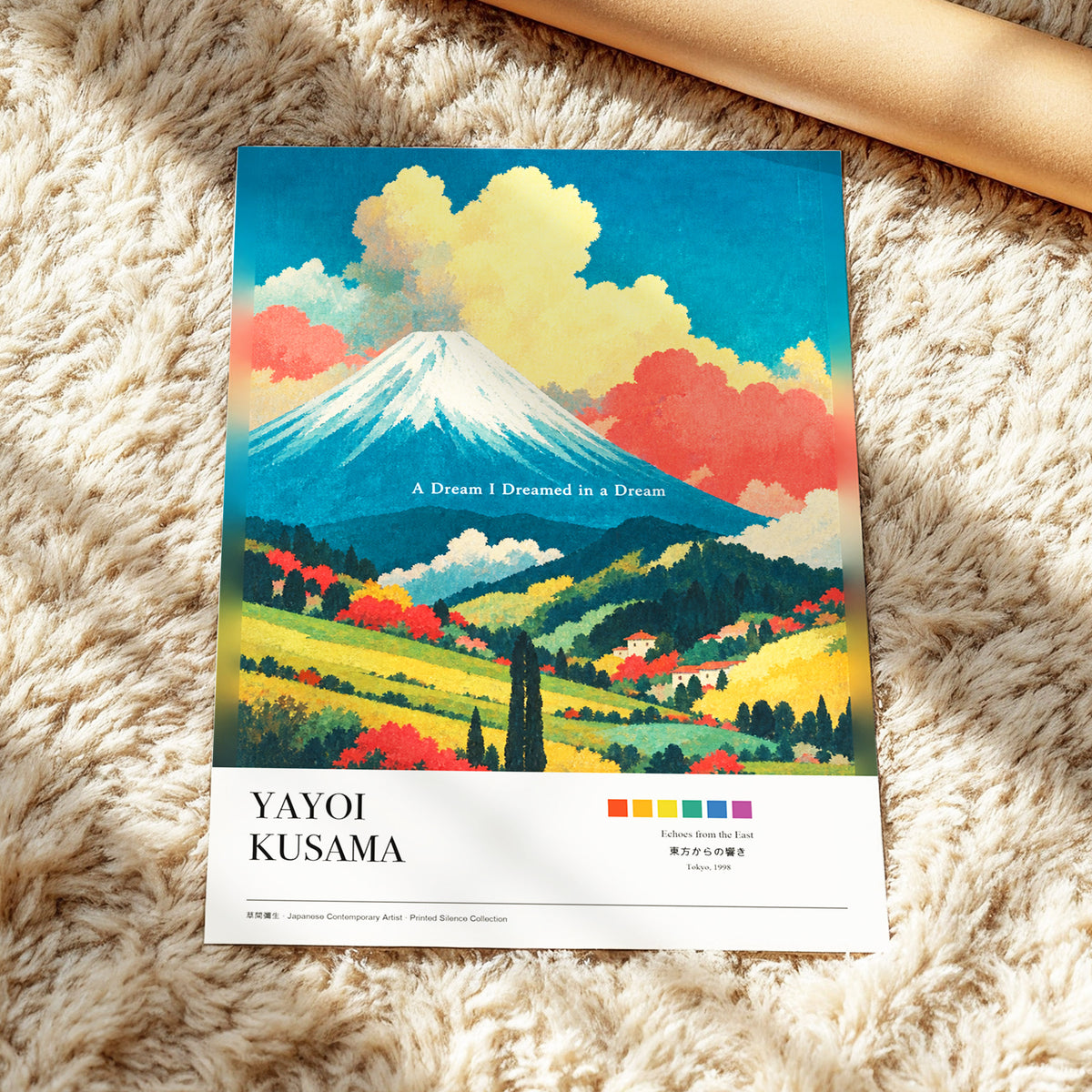 Dreams Beneath Fuji, blue, yellow, red nature wall art displayed in a styled interior, gallery view 5