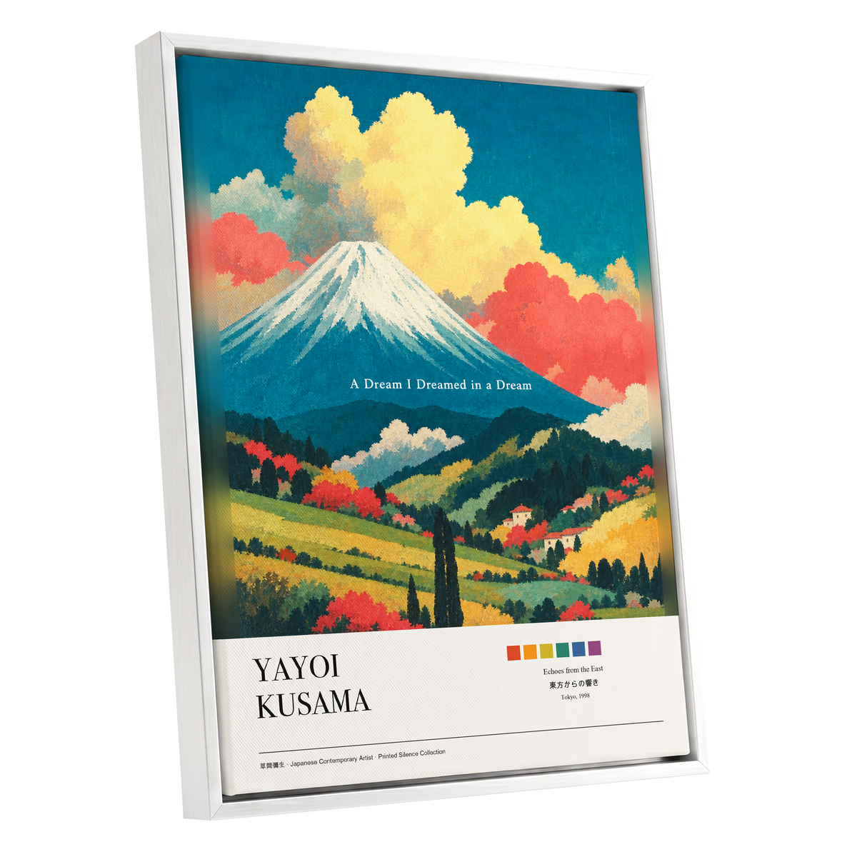 Dreams Beneath Fuji, blue, yellow, red nature wall art shown as a white framed canvas wall art
