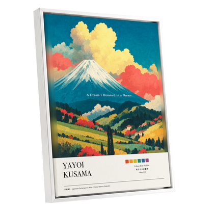 Dreams Beneath Fuji, blue, yellow, red nature wall art shown as a white framed canvas wall art