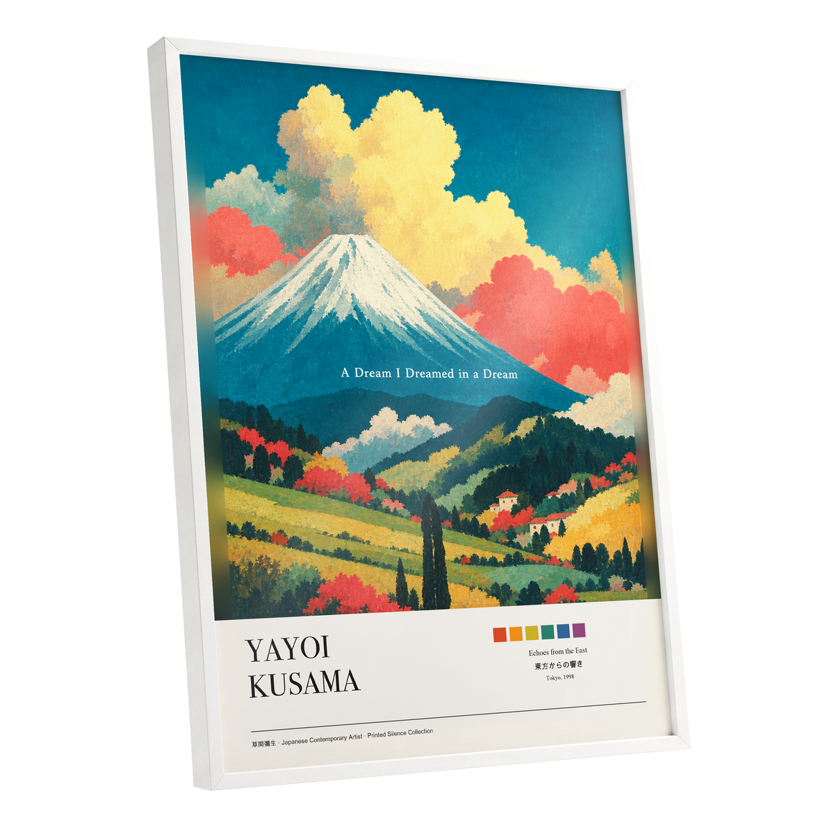 Dreams Beneath Fuji, blue, yellow, red nature wall art shown as a white framed poster wall art print