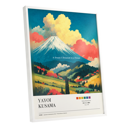 Dreams Beneath Fuji, blue, yellow, red nature wall art shown as a white framed poster wall art print