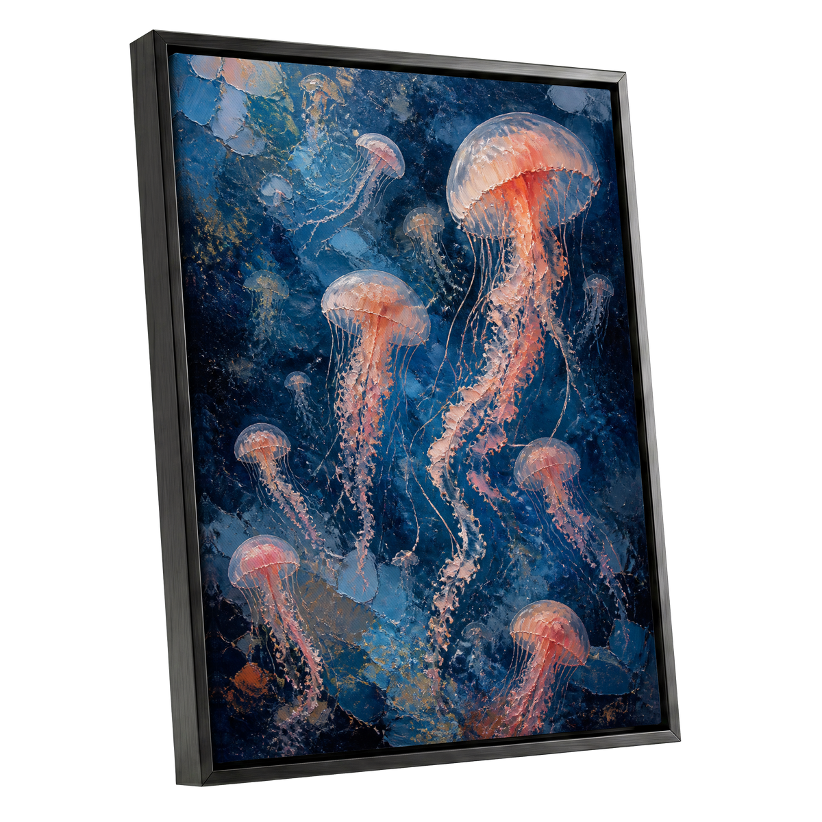 Drift of Moon Jellies, blue, pink, white nature wall art shown as a black framed canvas wall art