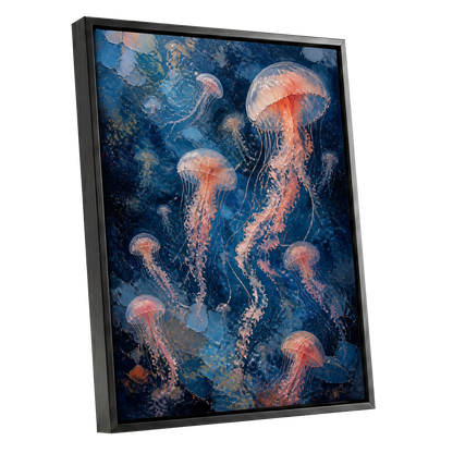 Drift of Moon Jellies, blue, pink, white nature wall art shown as a black framed canvas wall art