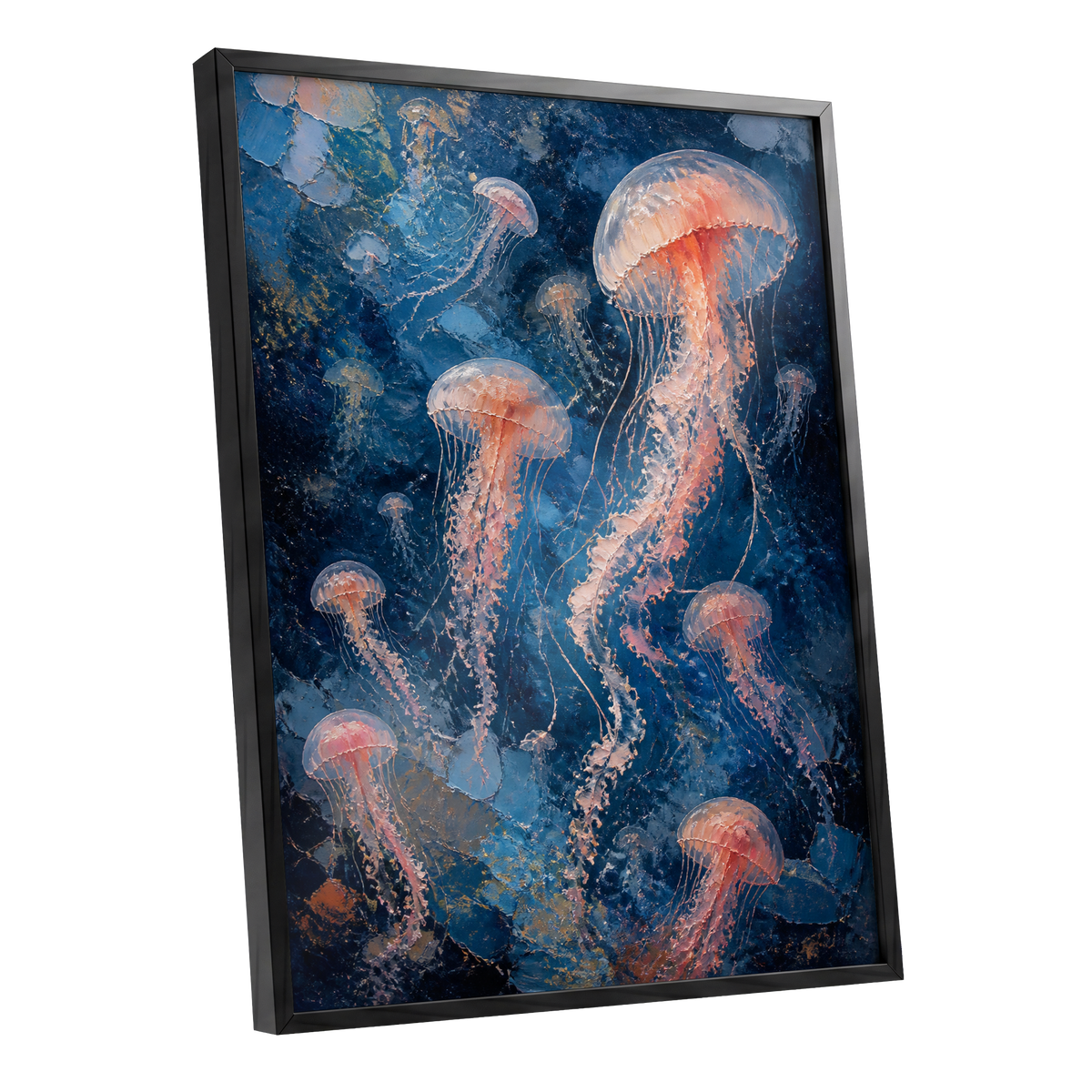 Drift of Moon Jellies, blue, pink, white nature wall art shown as a black framed poster wall art print