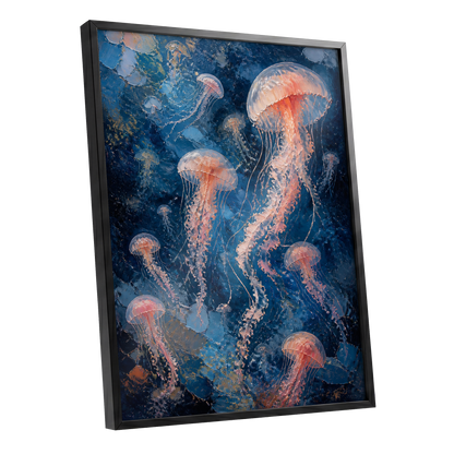 Drift of Moon Jellies, blue, pink, white nature wall art shown as a black framed poster wall art print