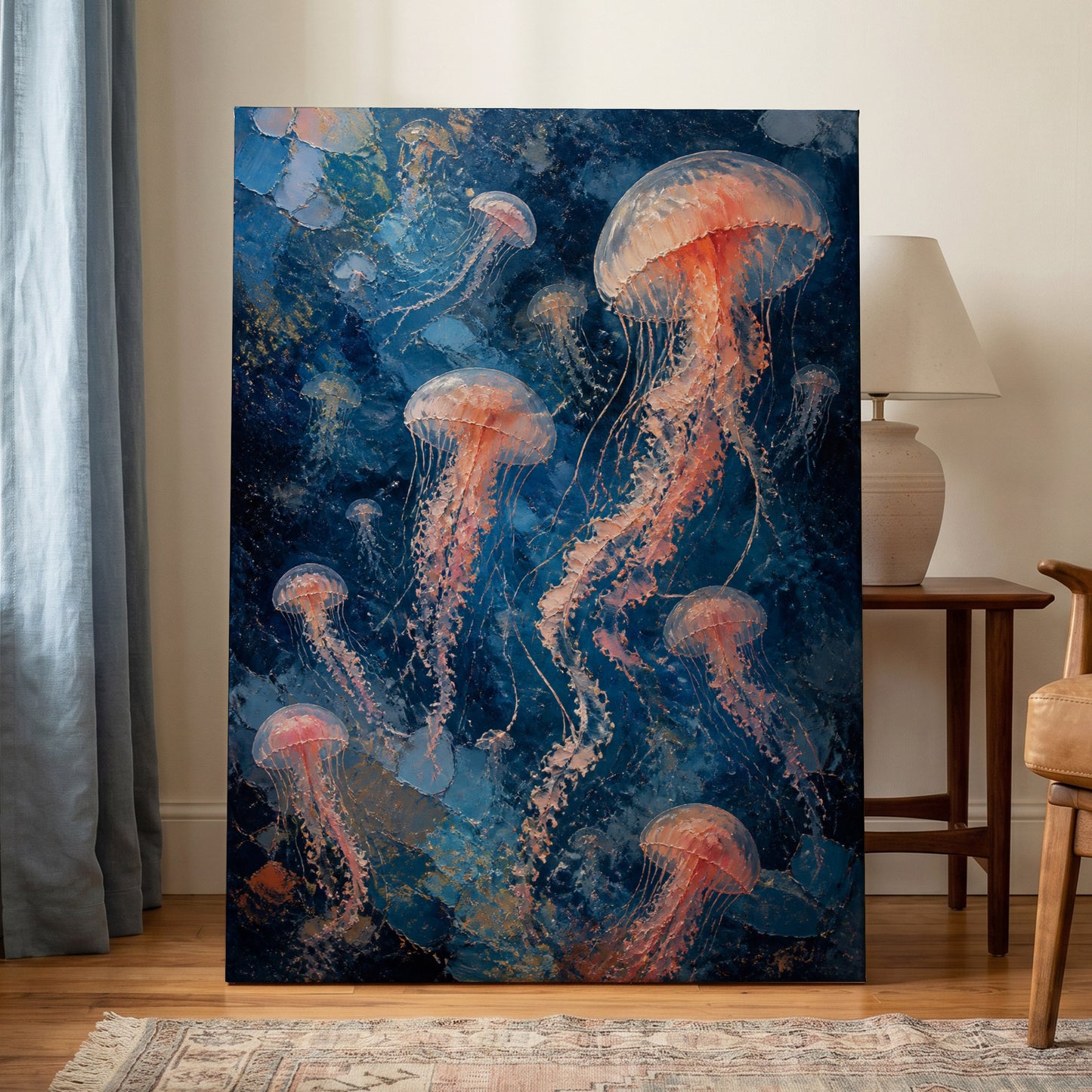 Drift of Moon Jellies, blue, pink, white nature wall art on canvas displayed in a styled interior, gallery view 1