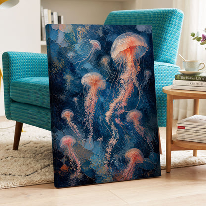 Drift of Moon Jellies, blue, pink, white nature wall art on canvas displayed in a styled interior, gallery view 2