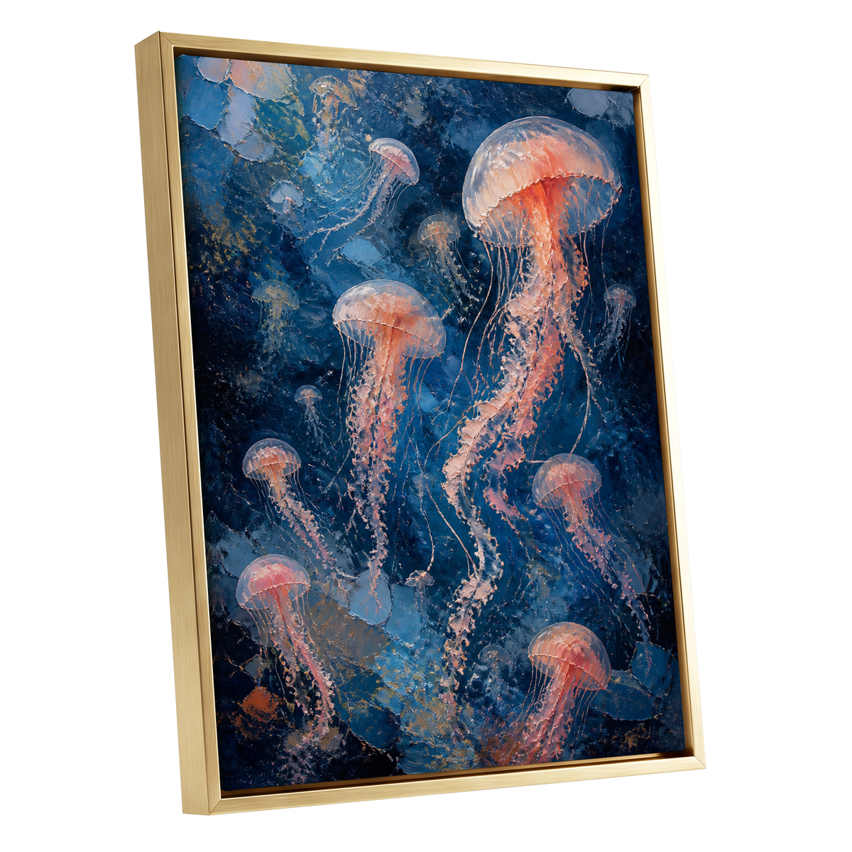 Drift of Moon Jellies, blue, pink, white nature wall art shown as a gold framed canvas wall art