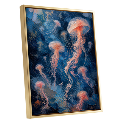Drift of Moon Jellies, blue, pink, white nature wall art shown as a gold framed canvas wall art