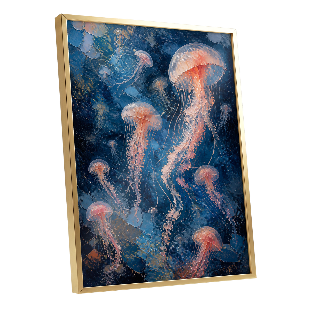 Drift of Moon Jellies, blue, pink, white nature wall art shown as a gold framed poster wall art print