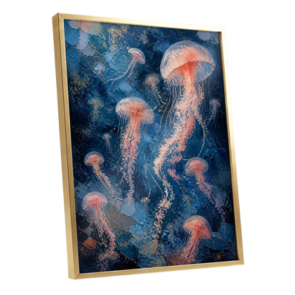 Drift of Moon Jellies, blue, pink, white nature wall art shown as a gold framed poster wall art print