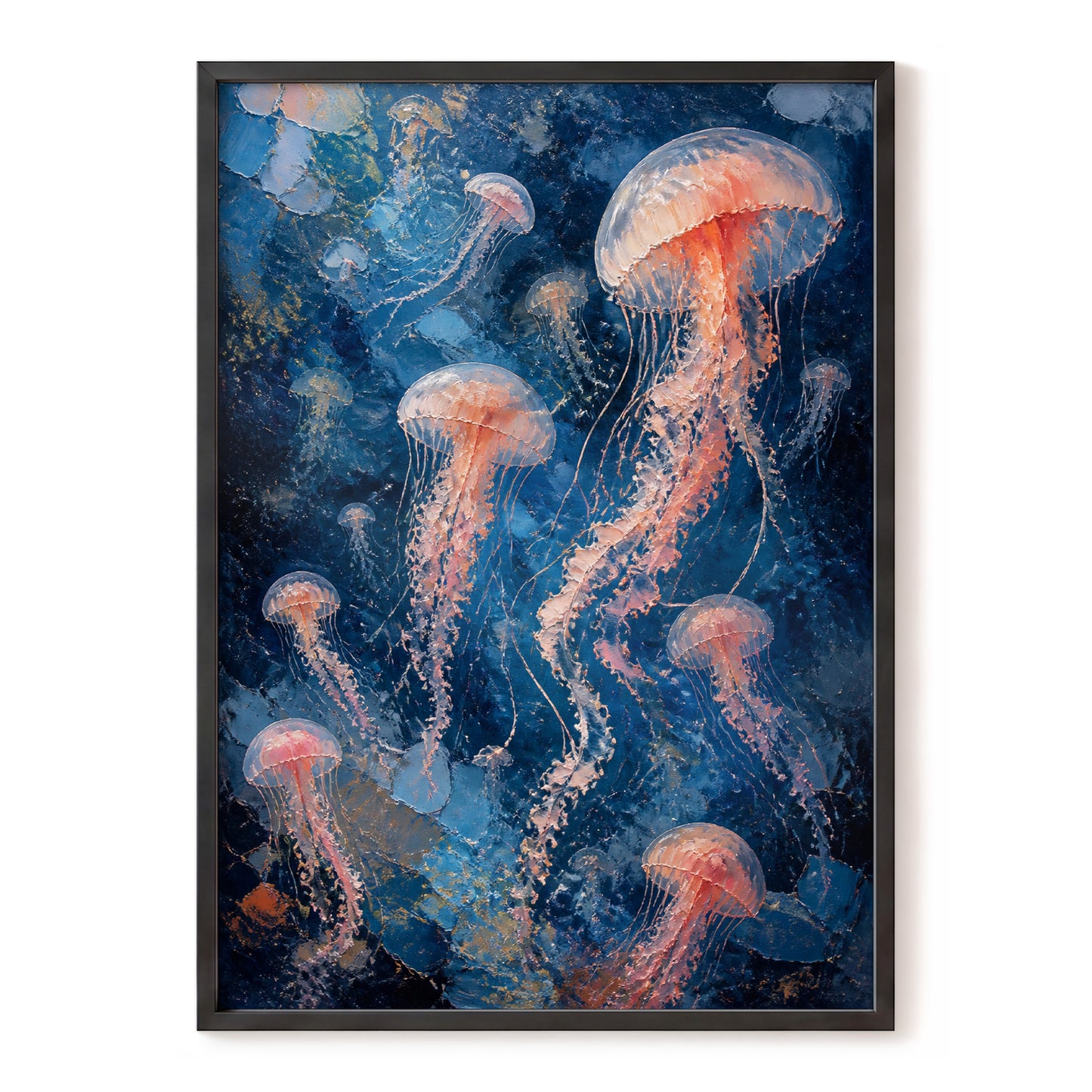 Drift of Moon Jellies, blue, pink, white nature wall art, front artwork view