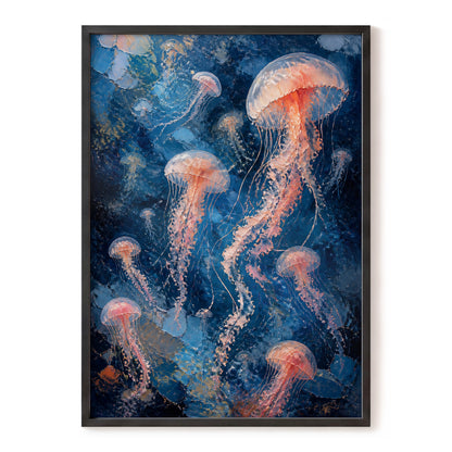 Drift of Moon Jellies, blue, pink, white nature wall art, front artwork view