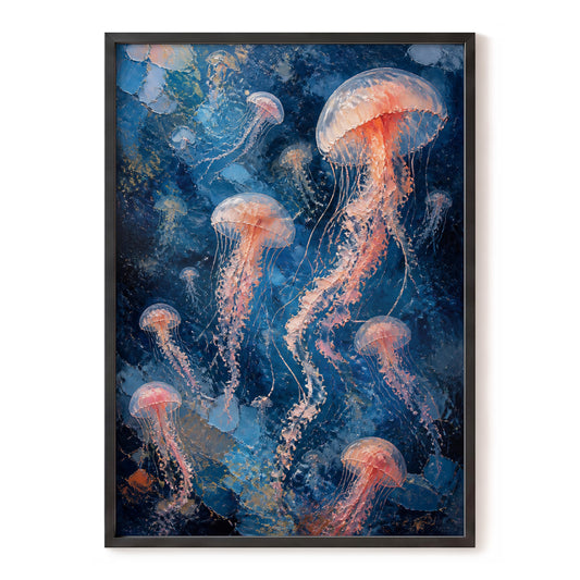 Drift of Moon Jellies, blue, pink, white nature wall art, front artwork view