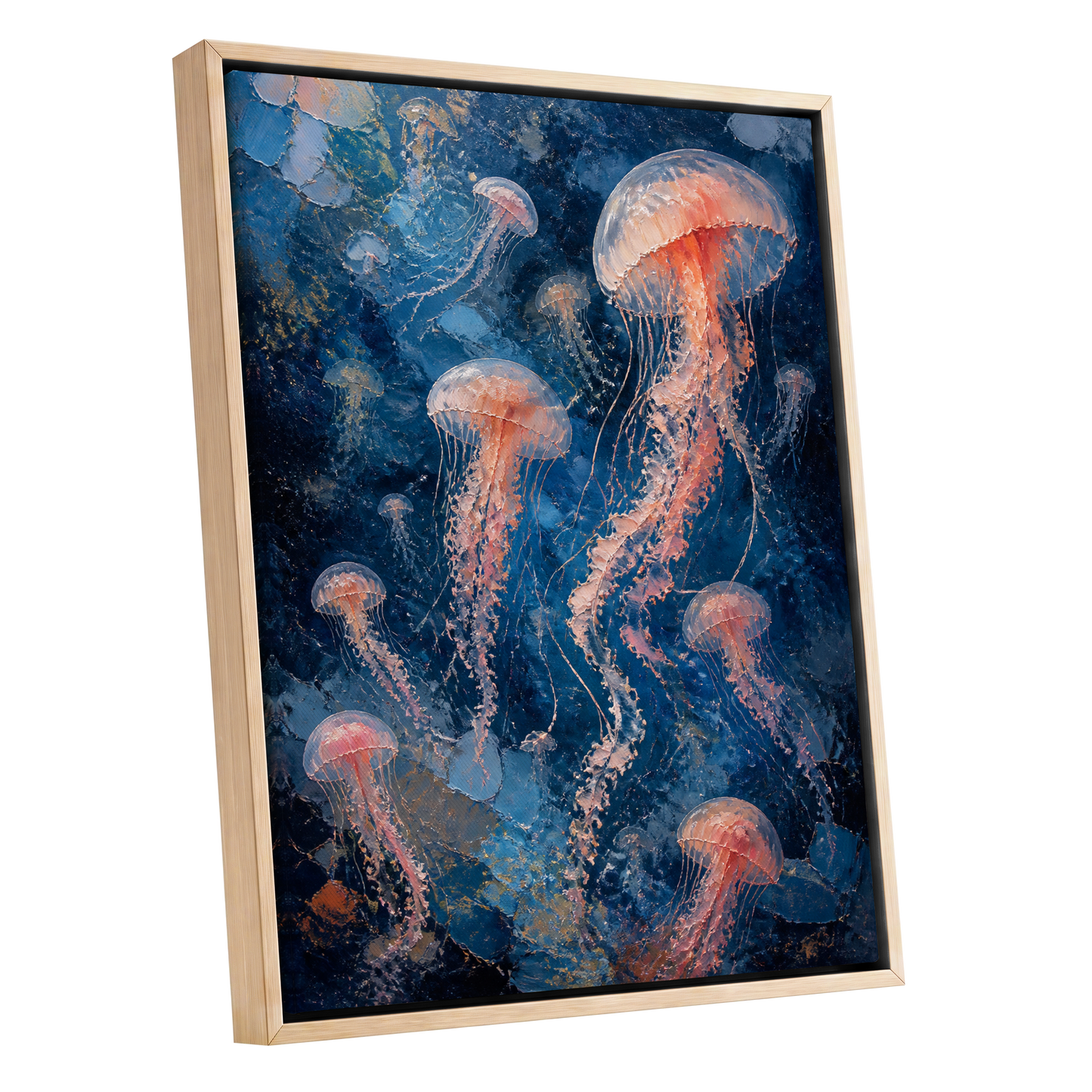 Drift of Moon Jellies, blue, pink, white nature wall art shown as a oak framed canvas wall art