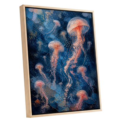 Drift of Moon Jellies, blue, pink, white nature wall art shown as a oak framed canvas wall art