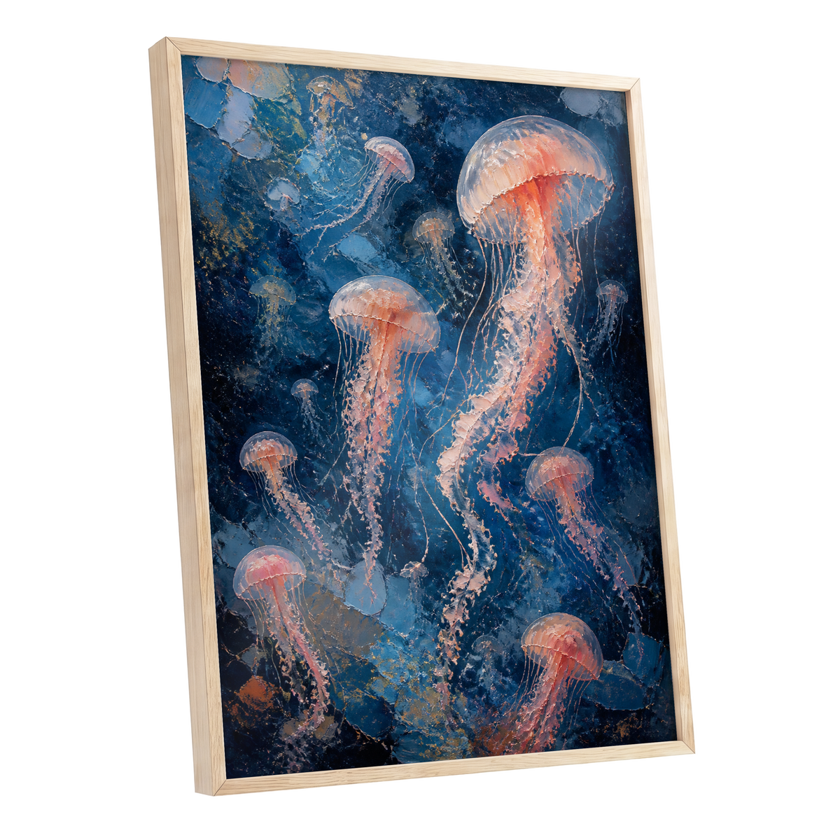 Drift of Moon Jellies, blue, pink, white nature wall art shown as a oak framed poster wall art print