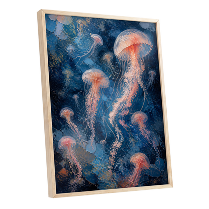 Drift of Moon Jellies, blue, pink, white nature wall art shown as a oak framed poster wall art print
