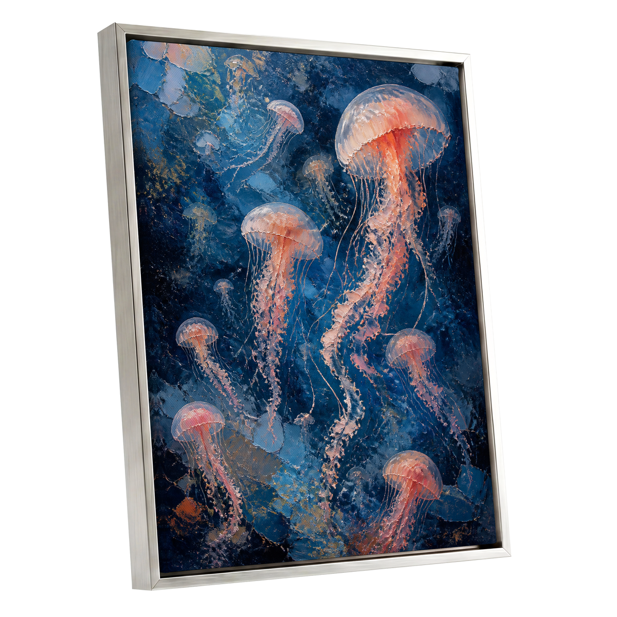 Drift of Moon Jellies, blue, pink, white nature wall art shown as a silver framed canvas wall art
