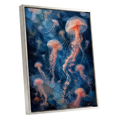Drift of Moon Jellies, blue, pink, white nature wall art shown as a silver framed canvas wall art