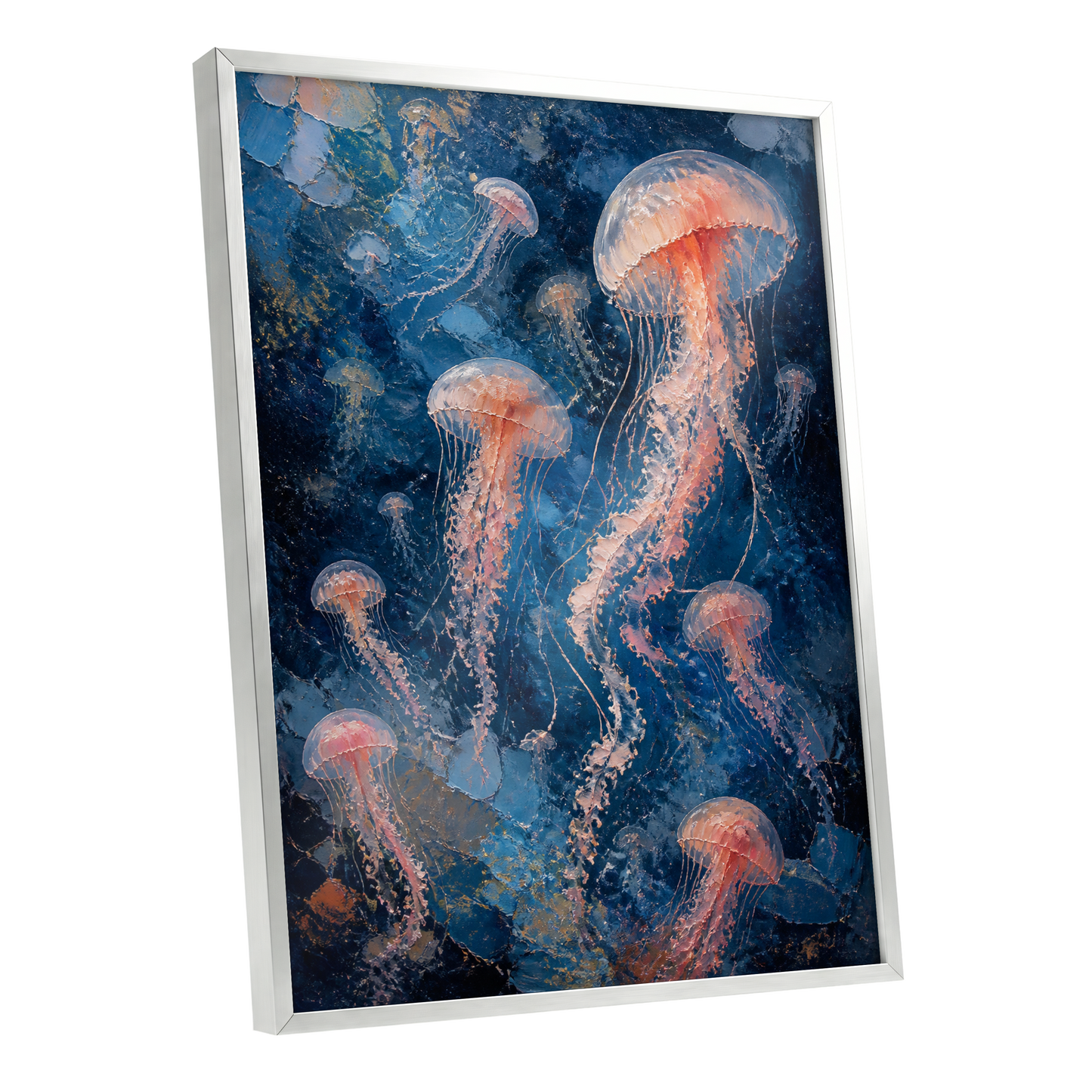 Drift of Moon Jellies, blue, pink, white nature wall art shown as a silver framed poster wall art print